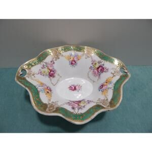 Antique Noritake Nippon RC Footed Bowl Green and Gold with Floral Design